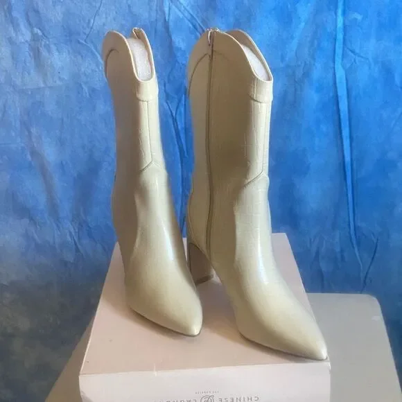 Cream Croc-Embossed Women's Boots, sz 10m, SL5-1501S005 - Picture 2 of 3